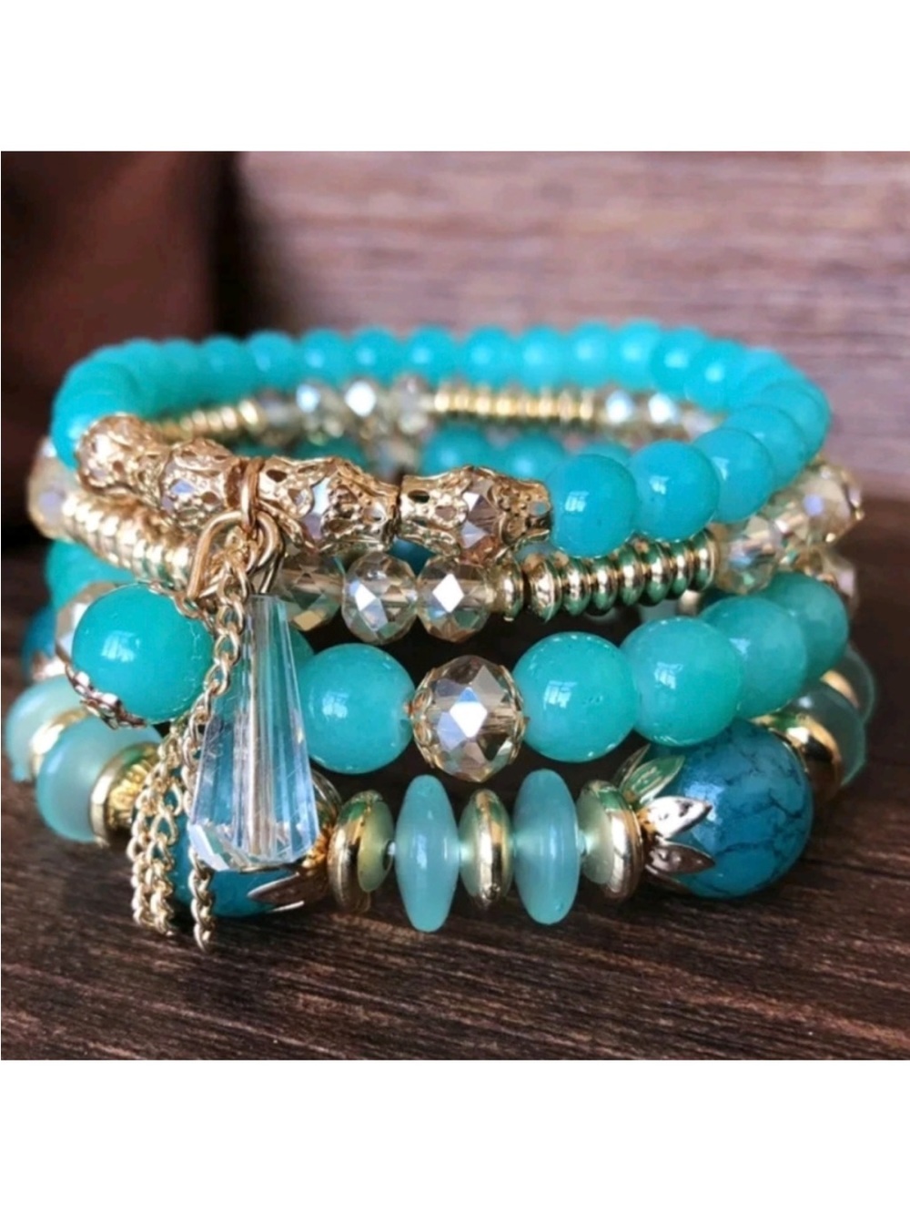 Fashion Jewelry Turquoise and Gold Layered Beaded Bracelet Set Boho